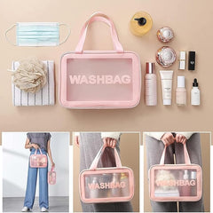 Wash Bag Pouch for Travel Kit Toiletry Bag Cosmetic Bag Make Up Box for Brushes, Accessories with Handle, Large Capacity Translucent Waterproof Travel Storage Organizer Set of 3 (Pink)