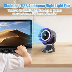 Rechargeable Bladeless Desk Fan with 360° Rotation, 5-Speed Strong Airflow, USB Powered Table Fan with Digital Touchscreen & Night Light for Bedroom, Office, Dorm & Camping