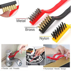 3pc Mini Wire Brush Set Brass Nylon Stainless Steel Bristles Household Cleaning Brush for Gas Stove, Smoke Machine Tool Burner Tiles Tap Rust Removal Welding Slag Dirt & Paint Scrubbing