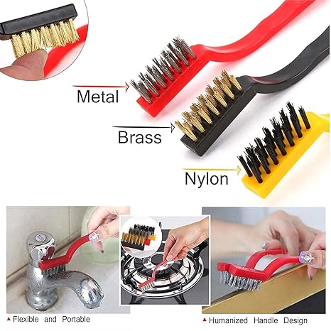 3pc Mini Wire Brush Set Brass Nylon Stainless Steel Bristles Household Cleaning Brush for Gas Stove, Smoke Machine Tool Burner Tiles Tap Rust Removal Welding Slag Dirt & Paint Scrubbing