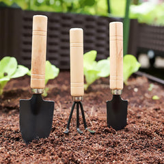 3 Pcs Gardening Hand Tools Set (Cultivator, Big Trowel, Transplanter with Wooden Handle), Home Garden Durable Plant Tool, Planting, Weeding, Pruning, Soil Maintenance, Farming Essential Kit