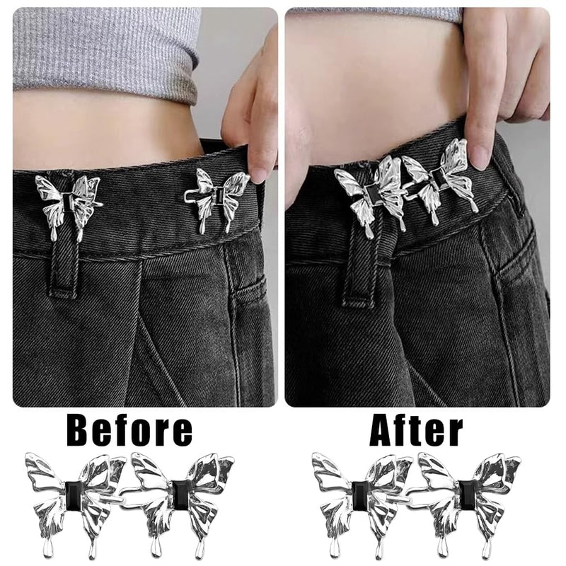 2 Sets Jeans Tightening Clips, Jeans Adjustable Pins for Women, Alloy Butterfly Adjustable Jeans Button Pins for Loose Pants and Dress
