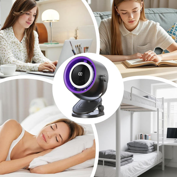 Rechargeable Bladeless Desk Fan with 360° Rotation, 5-Speed Strong Airflow, USB Powered Table Fan with Digital Touchscreen & Night Light for Bedroom, Office, Dorm & Camping