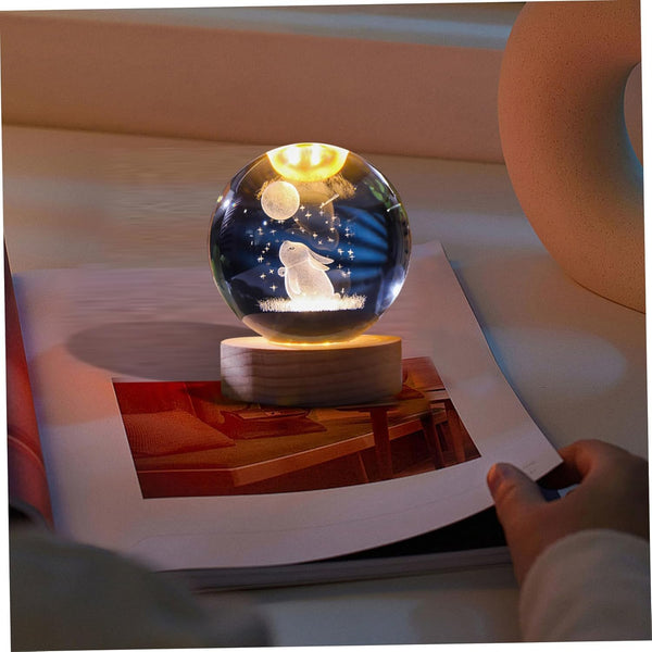 Moon Rabbit Crystal Ball Night Light,Glass Ball Night LED Lamp with USB Powered 2.36 Inch Wooden Base Colorful Crystal Ball for Gifts Men,Women,Kids,Boys,Girls (Moon Rabbit)