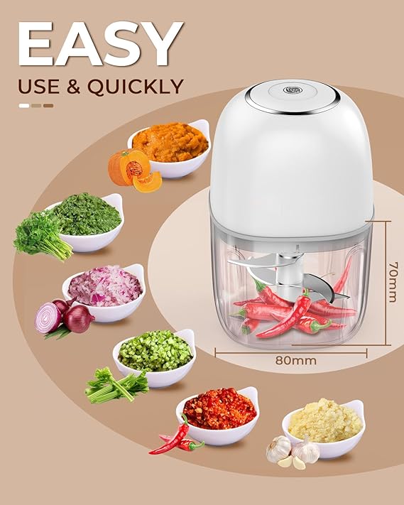 MDHL 350ML Rechargeable Mini Electric Chopper with 6 Stainless Steel Blades, Chopper Electric for Kitchen, Onion Chopper, Food Processor for Ginger, Garlic, Mint Leaves, Portable Design