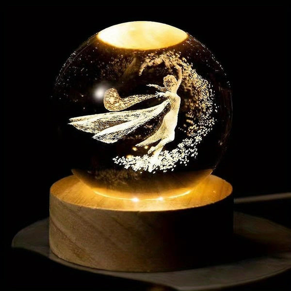 Princess Crystal Ball Night Light with Wooden Base, 60mm Glass Sphere Decorative Table Lamp Crystal Ball Night Lamp 2.4 Inch, 3D Galaxy USB Table LED With Wooden Base for Home Decoration Birthday Gift