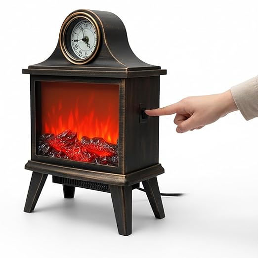 Decorative Fireplace Clock Lamp with Realistic Ember Flame Effect Antique Finish Tabletop Decor Light for Living Room TV Unit & Entryway Energy-Efficient LED Home Accent