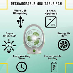 Rechargeable AC/DC Table Fan with LED Light, 180° Folding, 6