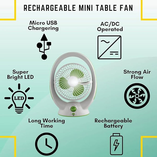 Rechargeable AC/DC Table Fan with LED Light, 180° Folding, 6