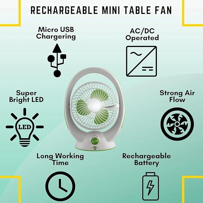 Rechargeable AC/DC Table Fan with LED Light, 180° Folding, 6