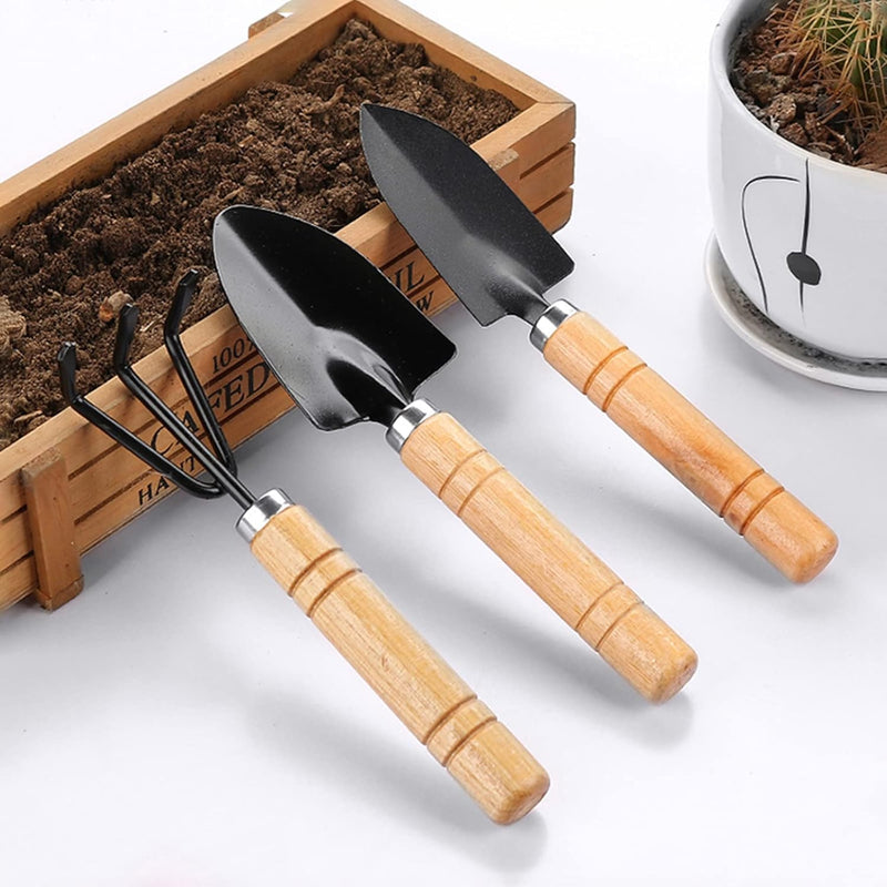 3 Pcs Gardening Hand Tools Set (Cultivator, Big Trowel, Transplanter with Wooden Handle), Home Garden Durable Plant Tool, Planting, Weeding, Pruning, Soil Maintenance, Farming Essential Kit