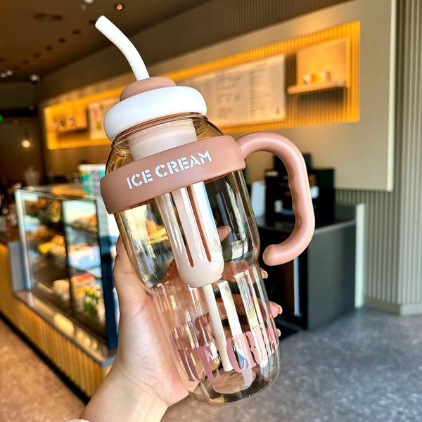 Insulated Ice Cream Water Bottle with Straw – 1300ml Large Capacity | Cute & Stylish Plastic Tumbler with Handle | Leak-Proof & Reusable Travel Cup for Kids & Adults (Multicolor)(Pack of 1)