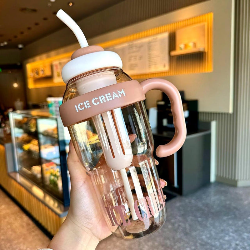 Insulated Ice Cream Water Bottle with Straw – 1300ml Large Capacity | Cute & Stylish Plastic Tumbler with Handle | Leak-Proof & Reusable Travel Cup for Kids & Adults (Multicolor)(Pack of 1)