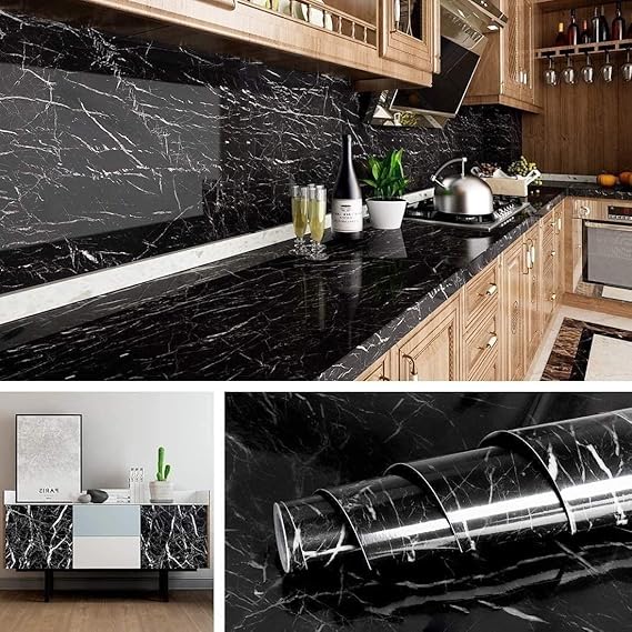 Self Adhesive Wallpaper Roll | Waterproof & Oil-Proof Peel & Stick Vinyl Sheet for Kitchen, Furniture, Tabletop, Cabinets & Wall Décor (Black Marbal)