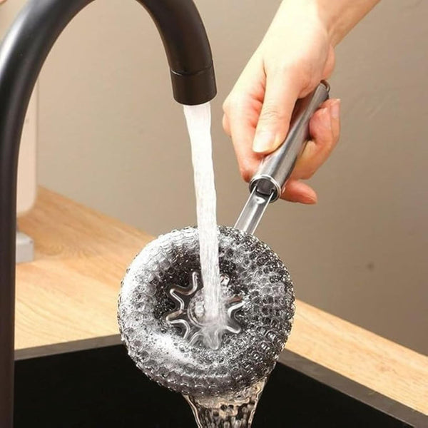 Stainless Steel Scrubber with Long Wool Handle for Dishes Cookware Cleaning, Steel Sponge Ball Brush for Home and Office Tiles