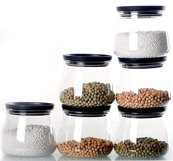 Airtight Container Jar 900ml Set of 6 for Kitchen | Kitchen Organizer Container Set Items| Jar Set for Kitchen| Air Tight Containers for Kitchen Storage (Black)