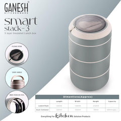 Ganesh Smart Stack 3 Layer Portable Lunch Box Stainless Steel Airtight Leak-Proof Lunch Box for Office, School, Picnic: Color May Vary (3 Layer)