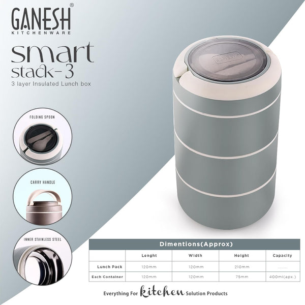 Ganesh Smart Stack 3 Layer Portable Lunch Box Stainless Steel Airtight Leak-Proof Lunch Box for Office, School, Picnic: Color May Vary (3 Layer)