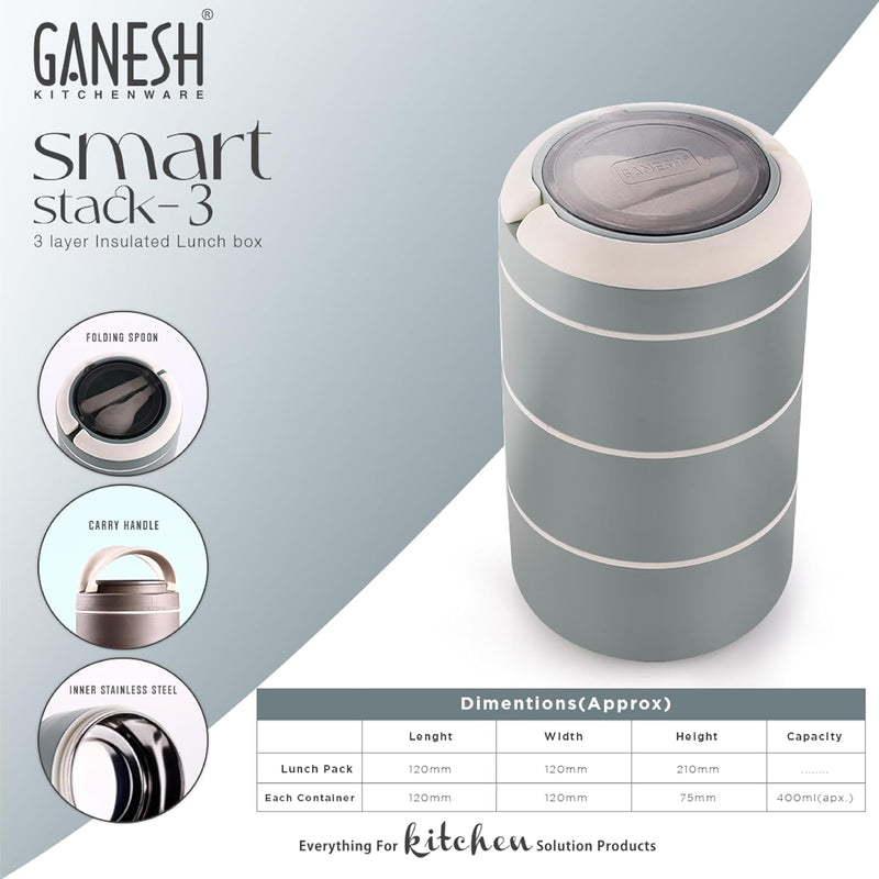 Ganesh Smart Stack 3 Layer Portable Lunch Box Stainless Steel Airtight Leak-Proof Lunch Box for Office, School, Picnic: Color May Vary (3 Layer)