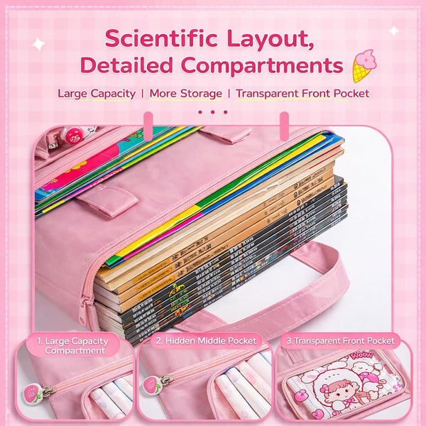 Large Capacity Stationery Organizer Bag, 3 Compartment School Book Storage Case, Durable Fabric 34×27 cm, Handheld Carry Bag for Students & Girls