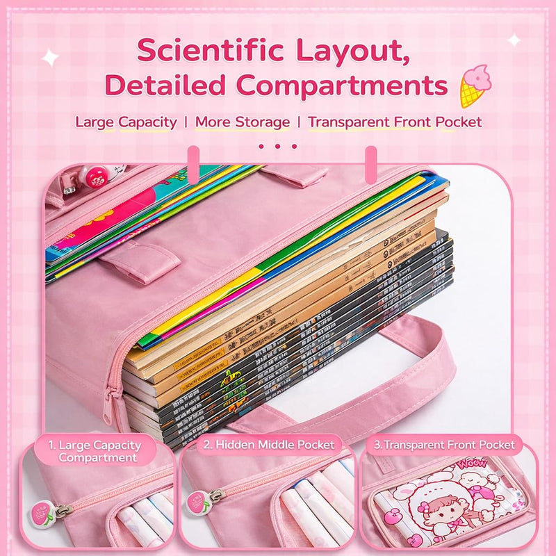 Large Capacity Stationery Organizer Bag, 3 Compartment School Book Storage Case, Durable Fabric 34×27 cm, Handheld Carry Bag for Students & Girls