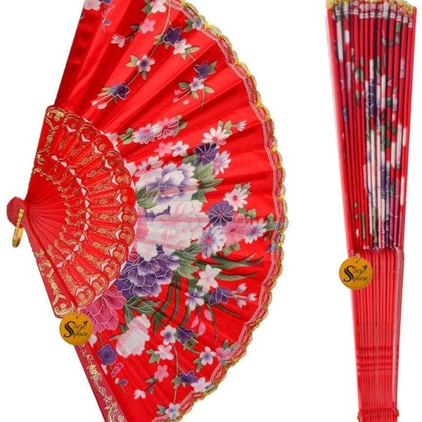 Handheld Folding Chinese Fan Vintage, Fabric Folding Fan for Wedding, Dance, Decoration,Birthday Party, Photo Booth (Red)