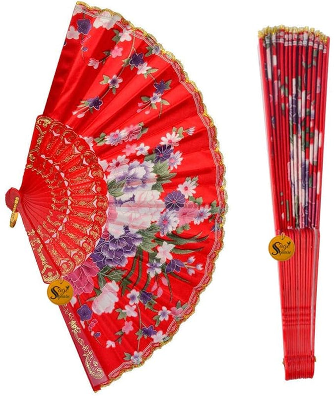 Handheld Folding Chinese Fan Vintage, Fabric Folding Fan for Wedding, Dance, Decoration,Birthday Party, Photo Booth (Red)