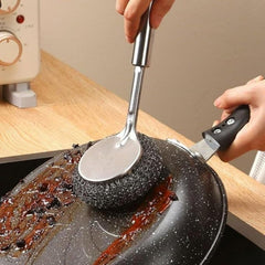 Stainless Steel Scrubber with Long Wool Handle for Dishes Cookware Cleaning, Steel Sponge Ball Brush for Home and Office Tiles