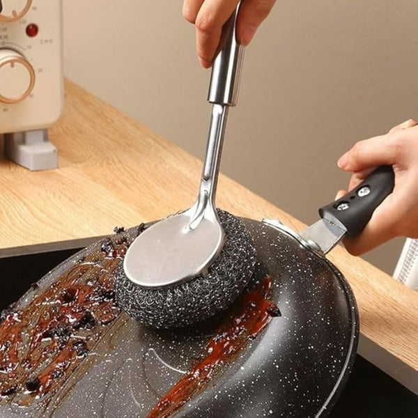 Stainless Steel Scrubber with Long Wool Handle for Dishes Cookware Cleaning, Steel Sponge Ball Brush for Home and Office Tiles