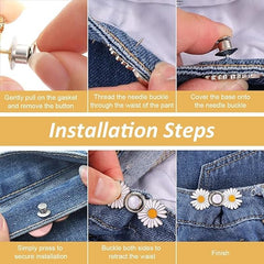 Instant Jeans Button Pins Waist Tightener Set (4 pcs White Flower pin) Make The Waist Fit for Skirt Pants Robe, No Sewing Required Waist Buckle for Loose Jeans Pants