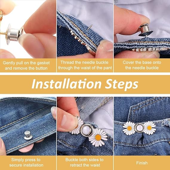 Instant Jeans Button Pins Waist Tightener Set (4 pcs White Flower pin) Make The Waist Fit for Skirt Pants Robe, No Sewing Required Waist Buckle for Loose Jeans Pants