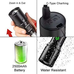 Crobat Aluminum Alloy Rechargeable Tactical Flashlight Torch, 6 Modes, Aluminum Body, Telescopic Zoom Rechargeable Battery, Type-C Fast Charging, Waterproof Body