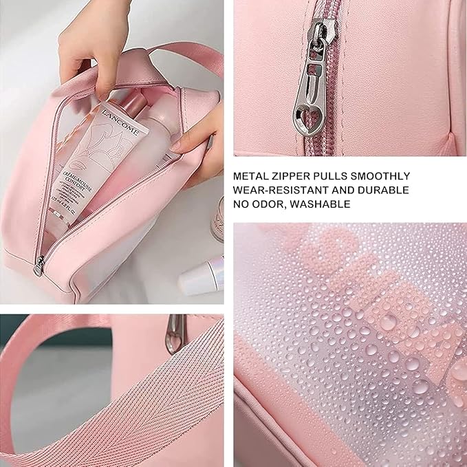Wash Bag Pouch for Travel Kit Toiletry Bag Cosmetic Bag Make Up Box for Brushes, Accessories with Handle, Large Capacity Translucent Waterproof Travel Storage Organizer Set of 3 (Pink)