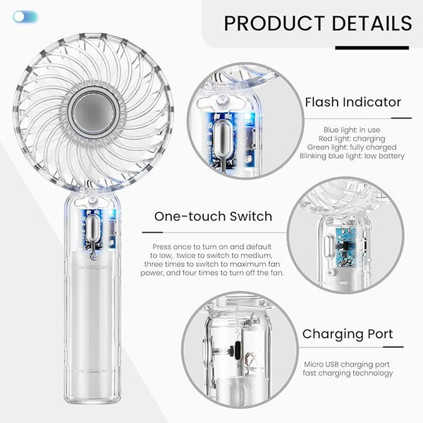 Mini Portable Personal Transparent Fan, Small Handheld Fan with 3 Speeds and USB Rechargeable, Personal Fan Battery Operate for Outdoor Indoor Commute Office Travel White