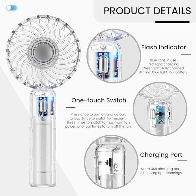 Mini Portable Personal Transparent Fan, Small Handheld Fan with 3 Speeds and USB Rechargeable, Personal Fan Battery Operate for Outdoor Indoor Commute Office Travel White