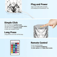 Crystal Diamond Table Lamp Dimmable Touch And Remote Control