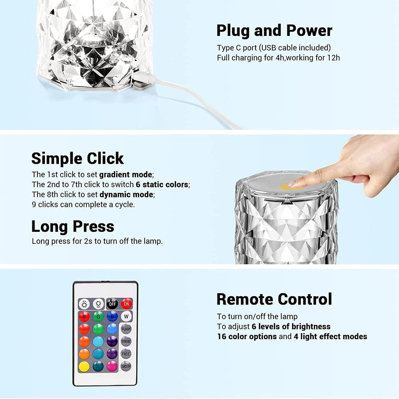 Crystal Diamond Table Lamp Dimmable Touch And Remote Control