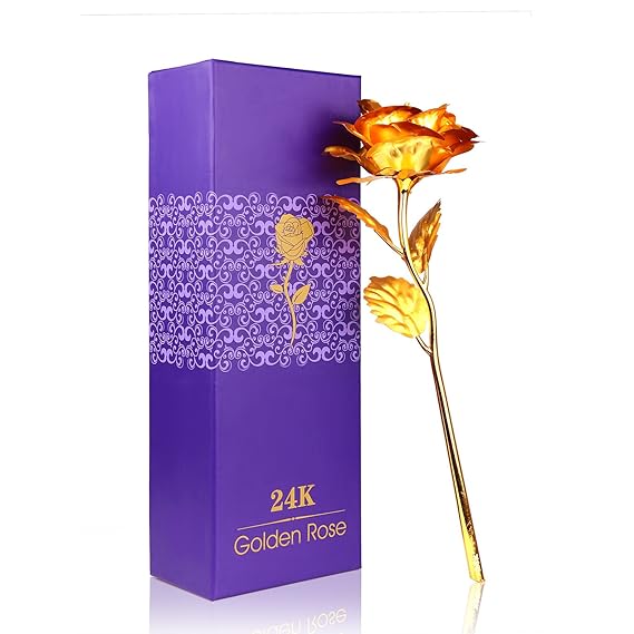Golden Rose, 24K Foil Artificial Rose Plastic Long Stem Rose, Gold Dipped Plated Rose Fake Flower with Gift Box, Unique Gift for Valentines Day
