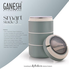 Ganesh Smart Stack 3 Layer Portable Lunch Box Stainless Steel Airtight Leak-Proof Lunch Box for Office, School, Picnic: Color May Vary (3 Layer)