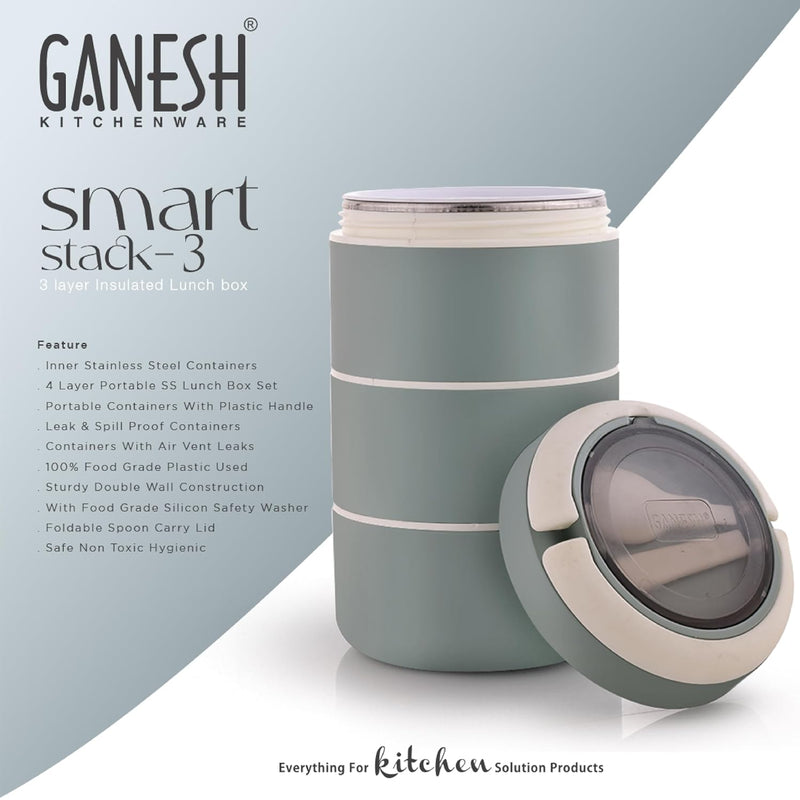 Ganesh Smart Stack 3 Layer Portable Lunch Box Stainless Steel Airtight Leak-Proof Lunch Box for Office, School, Picnic: Color May Vary (3 Layer)