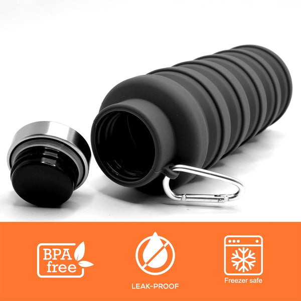 Collapsible Silicone Water Bottle For Sports, Trekking, Cycling, Outdoor, College, And Gym - Foldable With Snap Hook, Grey (Pack Of 1), 0.50 Liter