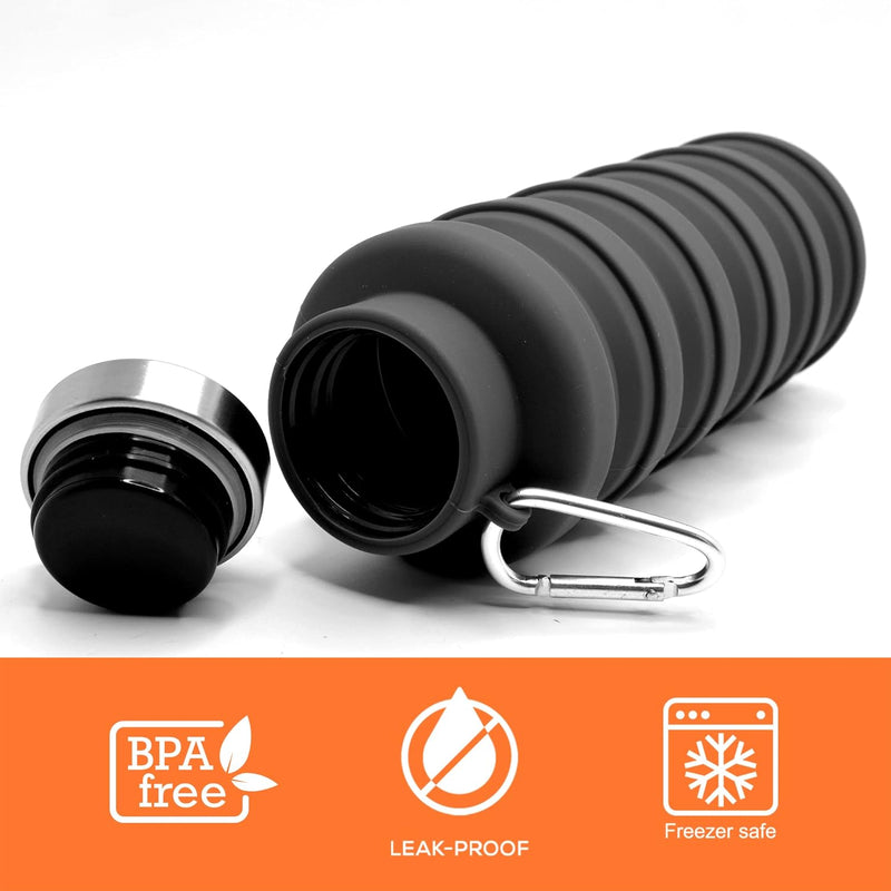 Collapsible Silicone Water Bottle For Sports, Trekking, Cycling, Outdoor, College, And Gym - Foldable With Snap Hook, Grey (Pack Of 1), 0.50 Liter