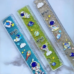 Space Sparkly Glitter Ruler 20 cm – Cartoon Astronaut School Ruler for Kids with Cute Duck Stickers for Art Craft Projects Birthday Gift Stationery Scale