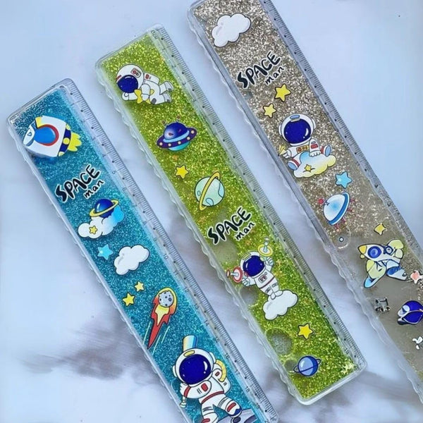 Space Sparkly Glitter Ruler 20 cm – Cartoon Astronaut School Ruler for Kids with Cute Duck Stickers for Art Craft Projects Birthday Gift Stationery Scale