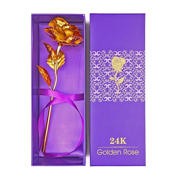 Golden Rose, 24K Foil Artificial Rose Plastic Long Stem Rose, Gold Dipped Plated Rose Fake Flower with Gift Box, Unique Gift for Valentines Day