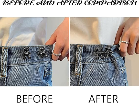 Jeans Adjustable Button pins Waist Buckle for Loose Jeans Pants,Pearl Detachable Instant Jeans Button Pins Waist Tightener Set (2 pcs, Silver Rabbit) (Brown Teddy Bear)
