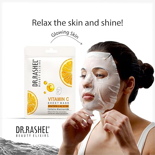DR.RASHEL Vitamin C Face Sheet Mask With Serum For Women and Men | All Skin Types | Soft and Healthy Skin | Deep Cleansing & Oil Control | Repairing & Nourishment | Soothing And Hydrating | Paraben Free | Pack Of 1 | 20 Grams Each