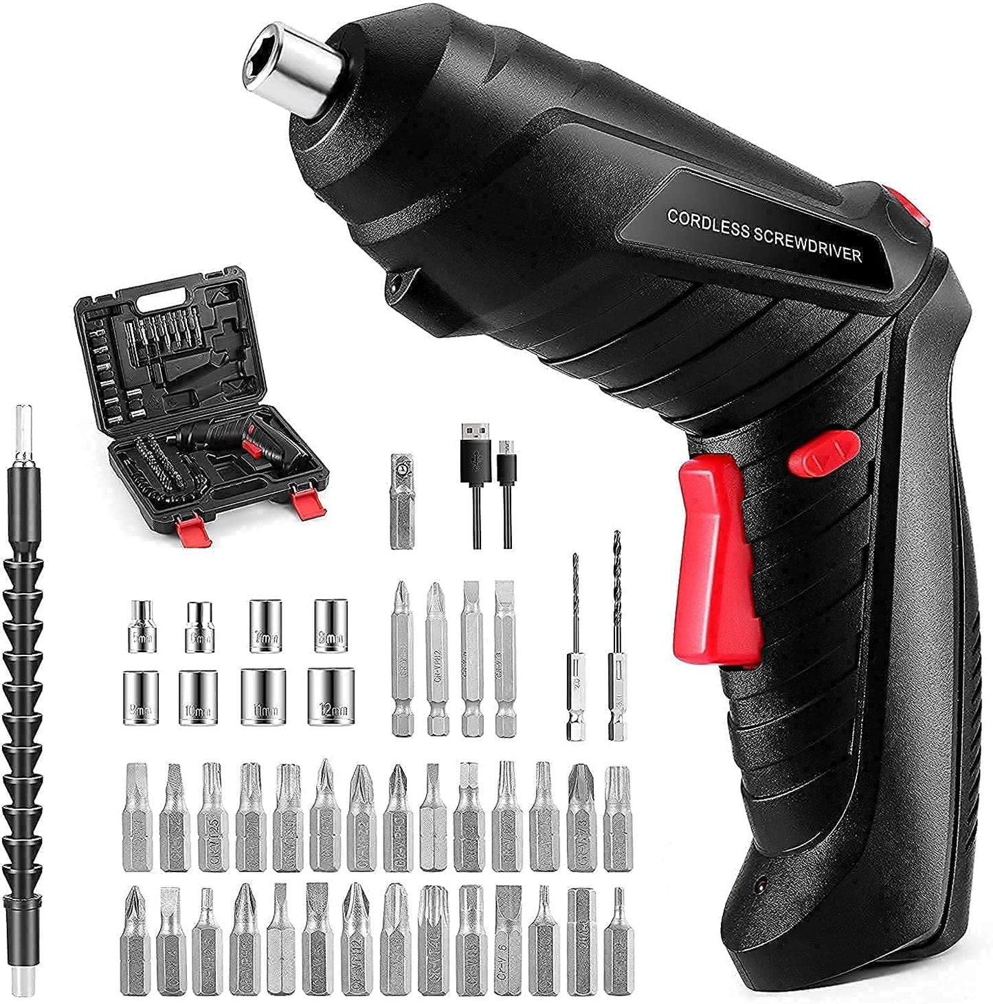 47 in 1 Cordless Electric Screwdriver Set, USB Rechargeable, with Bits and Accessories, Black