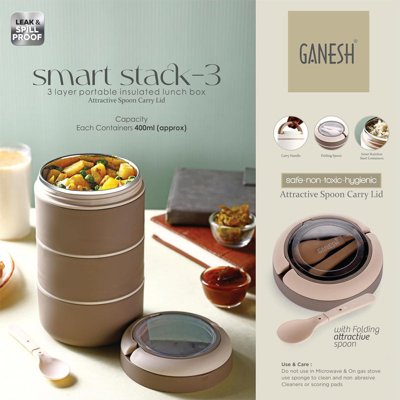 Ganesh Smart Stack 3 Layer Portable Lunch Box Stainless Steel Airtight Leak-Proof Lunch Box for Office, School, Picnic: Color May Vary (3 Layer)