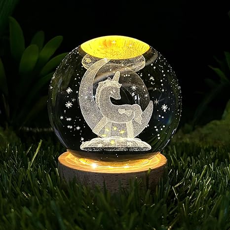 3d Galaxy Moon Unicorn Crystal Lamp Pliff 3D Solar System Crystal Ball Night Light, 6.1 cm Glass Globe, Wooden Base, LED Table Lamp (Unicorn) USB Powered 3D Unicorn Crystal Ball Lamp with Wooden Holder Stand (Pack of 1, Glass Body)